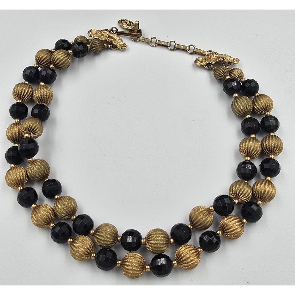 Vintage Black and Gold tone Bead Necklace Double Strand Faceted Classic Dressy - Picture 1 of 9